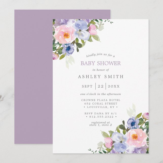 Invitation Baby shower d'aquarelle couleur rose violet (Devant / Derrière)