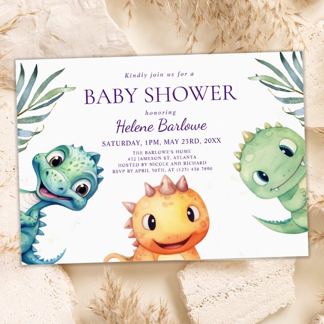 Invitation Baby shower d'aquarelle Cute Dinosaur (Cute Dinosaur Watercolor Baby Shower Invitation)