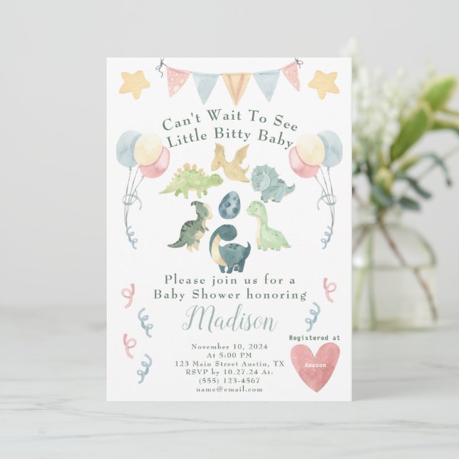Invitation Baby shower d'aquarelle Cute Dinosaur (Debout devant)