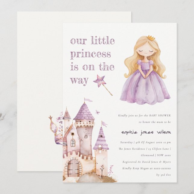 Invitation Baby shower d'aquarelle Cute Lilac Princess Castel (Devant / Derrière)