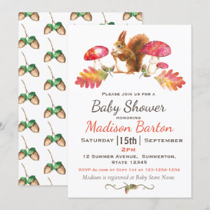 Invitation Baby shower d'aquarelle d'automne en bois d'écureu