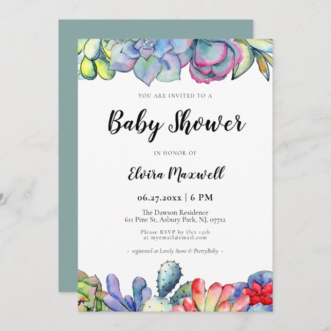 Invitation Baby shower d'aquarelle de cactus succulent (Devant / Derrière)