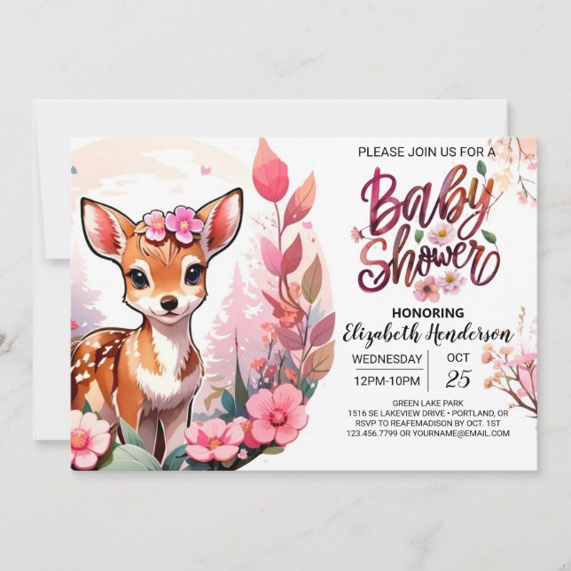 Invitation Baby shower d'aquarelle de cerf de prés roses (Devant)