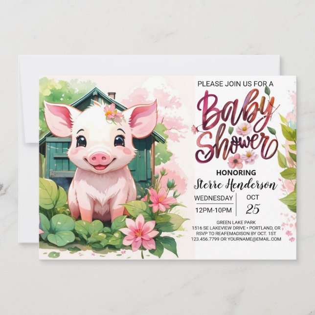 Invitation Baby shower d'aquarelle de cochon pour amis agrico (Devant)
