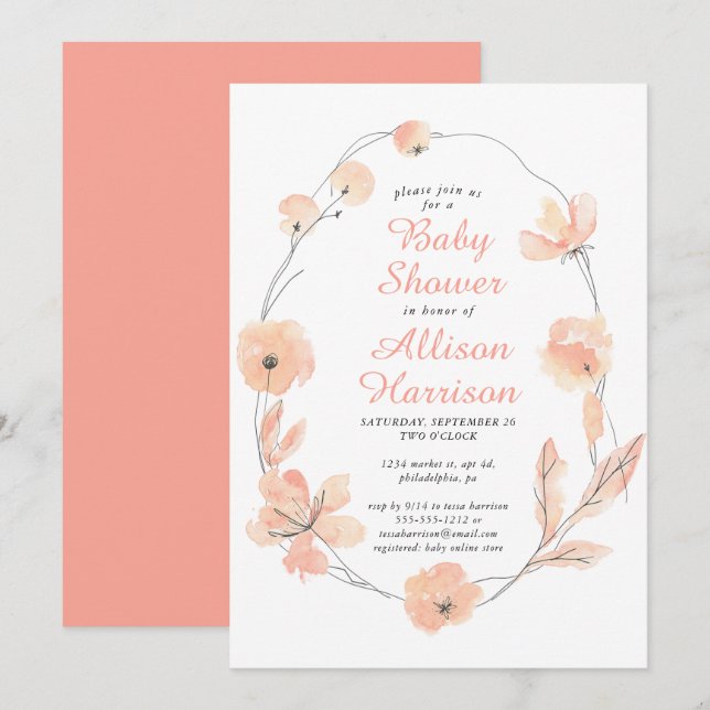 Invitation Baby shower d'aquarelle de corail floral (Devant / Derrière)