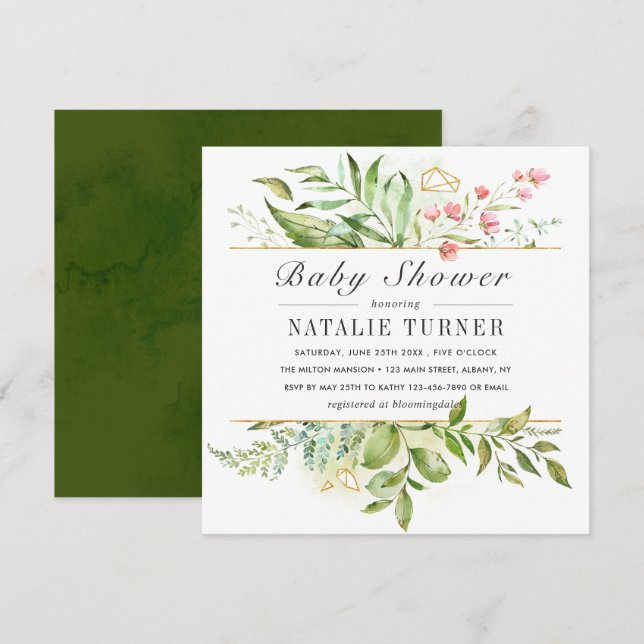 Invitation Baby shower d'aquarelle de feuillage vert sauvage (Devant / Derrière)