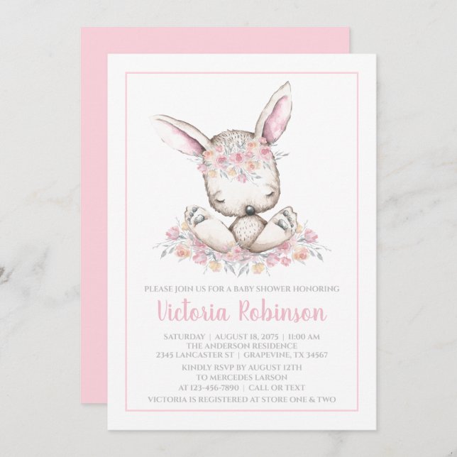 Invitation Baby shower d'aquarelle de fille lapin rose (Devant / Derrière)