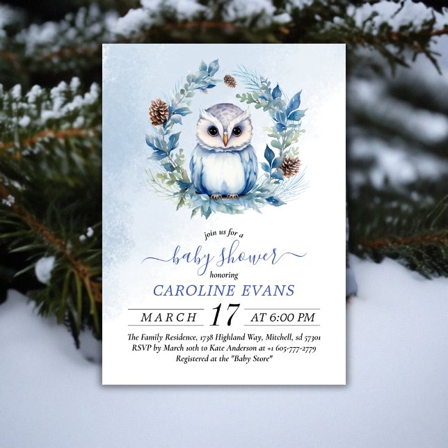 Invitation Baby shower d'aquarelle de la Chouette d'hiver (Winter Owl Watercolor Baby Shower Invitation)