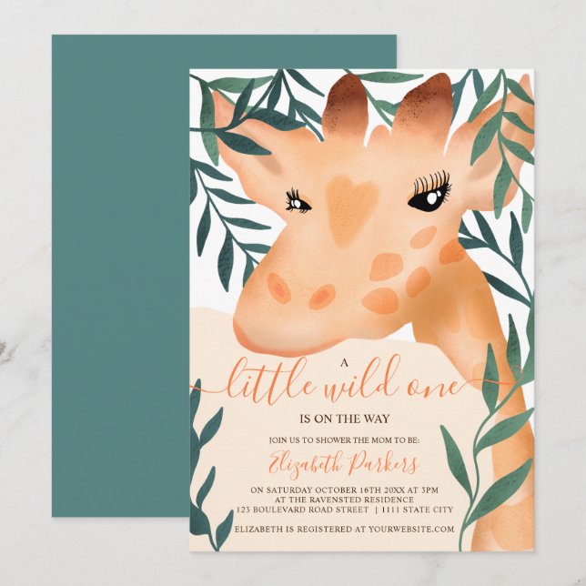 Invitation baby shower d'aquarelle de la girafe dans la jungl (Devant / Derrière)