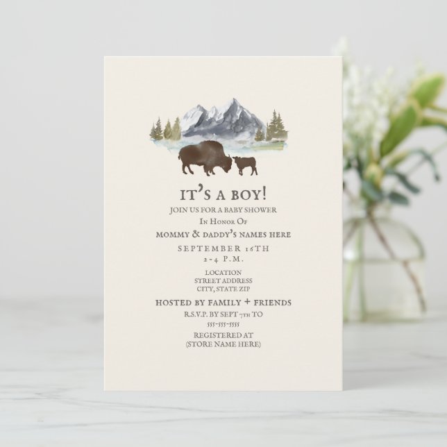Invitation Baby shower d'aquarelle de la montagne Buffalo Mam (Debout devant)