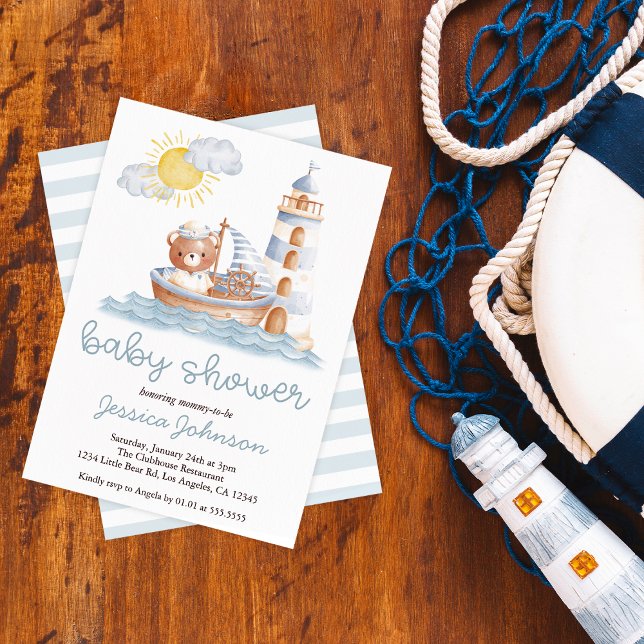 Invitation Baby shower d'aquarelle de l'ours nautique (Créateur téléchargé)