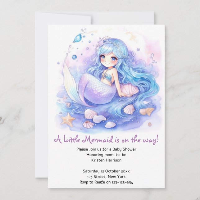 Invitation Baby shower d'aquarelle de sirène enchanteur (Devant)