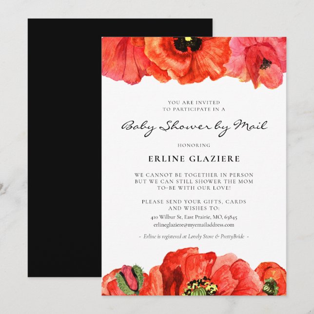 Invitation Baby shower d'aquarelle des pavots rouges par cour (Devant / Derrière)
