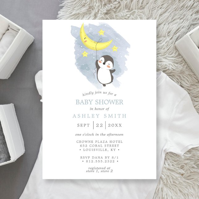 Invitation Baby shower d'aquarelle d'hiver de la lune de ping (Créateur téléchargé)
