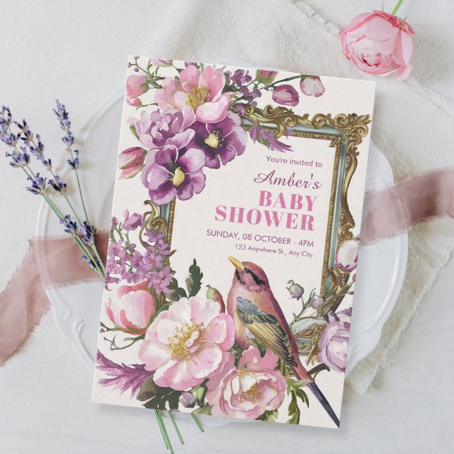 Invitation Baby shower d'aquarelle d'oiseau rose (Créateur téléchargé)