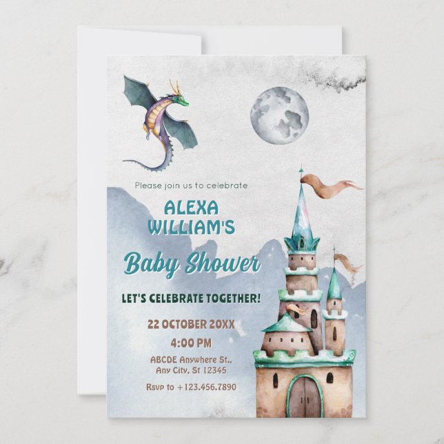 Invitation Baby shower d'aquarelle du château de Dragon (Devant)