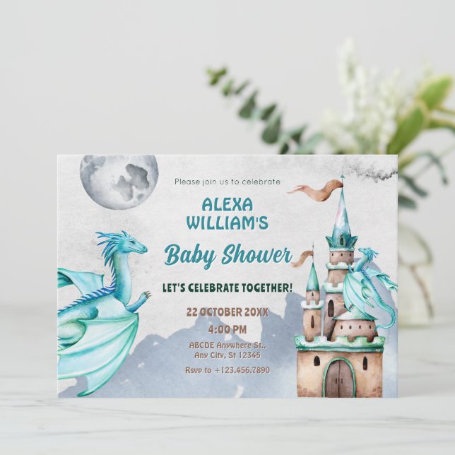 Invitation Baby shower d'aquarelle du château de Dragon Bleu (Debout devant)