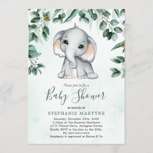 Invitation Baby shower d'aquarelle Elephant Eucalyptus Foliag