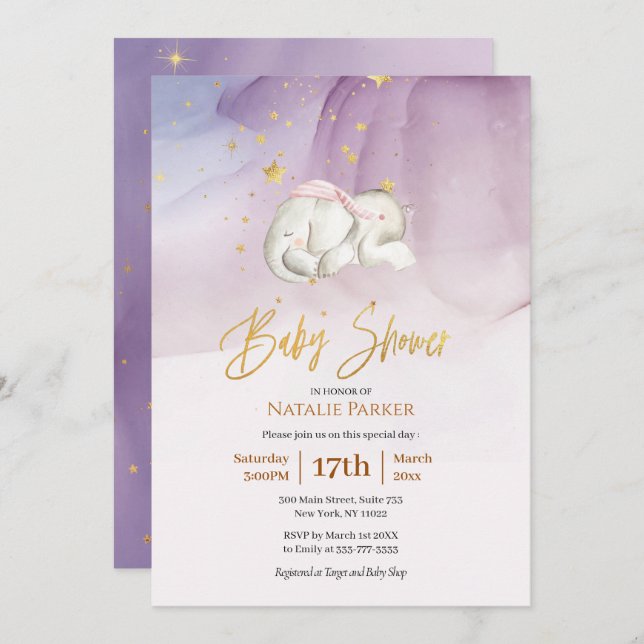 Invitation Baby shower d'aquarelle Elephant Little Star (Devant / Derrière)