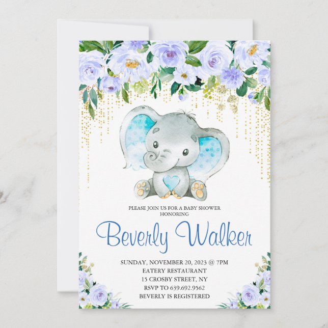 Invitation Baby shower d'aquarelle éléphant pour garçon (Devant)
