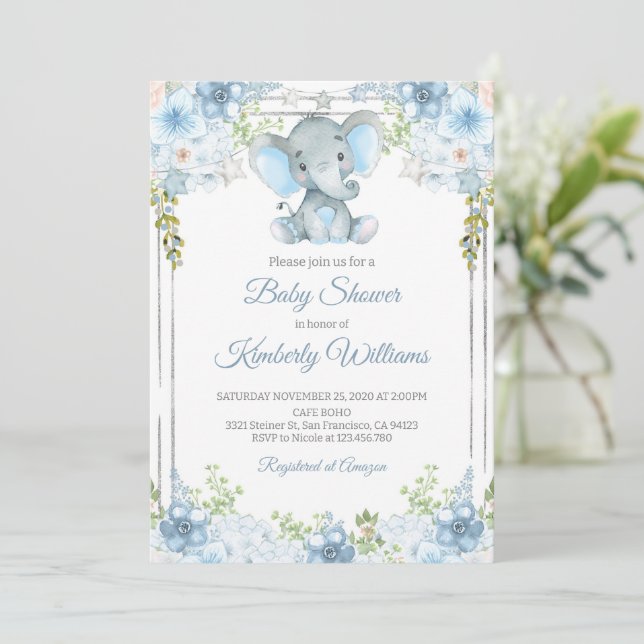 Invitation Baby shower d'aquarelle éléphant pour garçon (Debout devant)