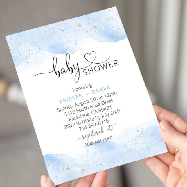 Invitation Baby shower d'aquarelle en argent et bleu (Créateur téléchargé)