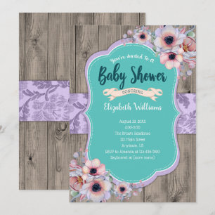 Invitation Baby shower d'aquarelle en bois turquoise violet