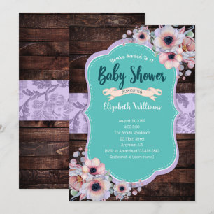 Invitation Baby shower d'aquarelle en bois turquoise violet