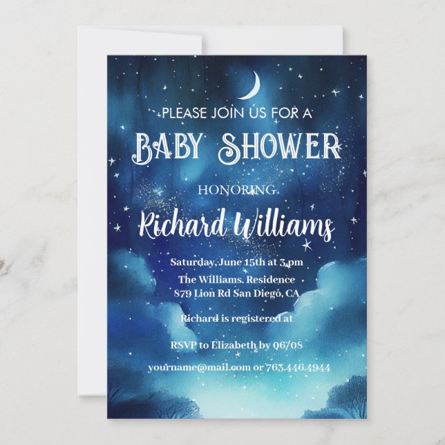 Invitation Baby shower d'aquarelle étoilée céleste (Devant)