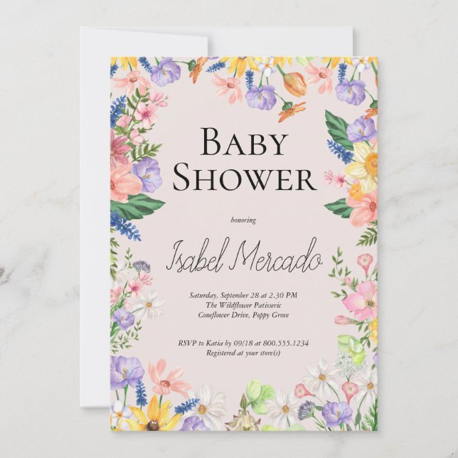 Invitation Baby shower d'aquarelle fleur sauvage (Devant)