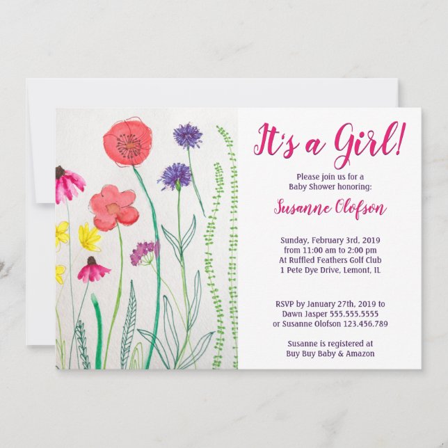Invitation Baby shower d'aquarelle fleur sauvage (Devant)