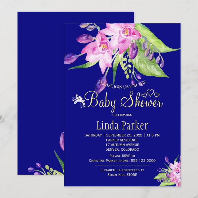 Invitation Baby shower d'aquarelle fleurie de la marine (Devant / Derrière)