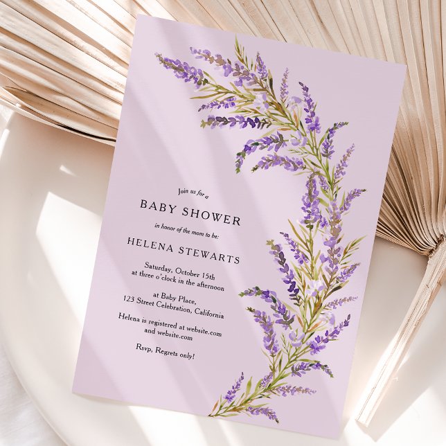 Invitation Baby shower d'aquarelle fleurie Lavender Fall (Lavender Fall floral watercolor baby shower Invitation on Lavender)
