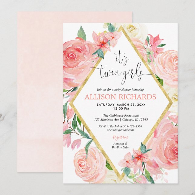 Invitation Baby shower d'aquarelle fleurie or rose pour fille (Devant / Derrière)
