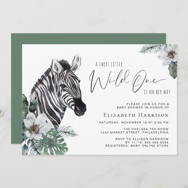 Invitation Baby shower d'aquarelle florale Boho Zebra (Devant / Derrière)