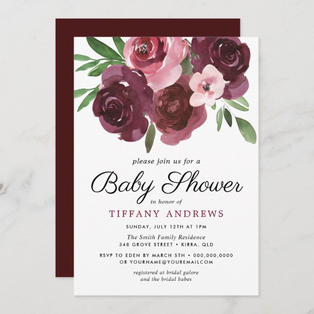 Invitation Baby shower d'aquarelle florale de Bourgogne Invit (Devant / Derrière)