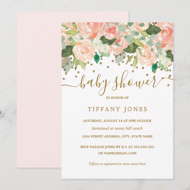 Invitation Baby shower d'aquarelle florale de broche d'or (Devant / Derrière)