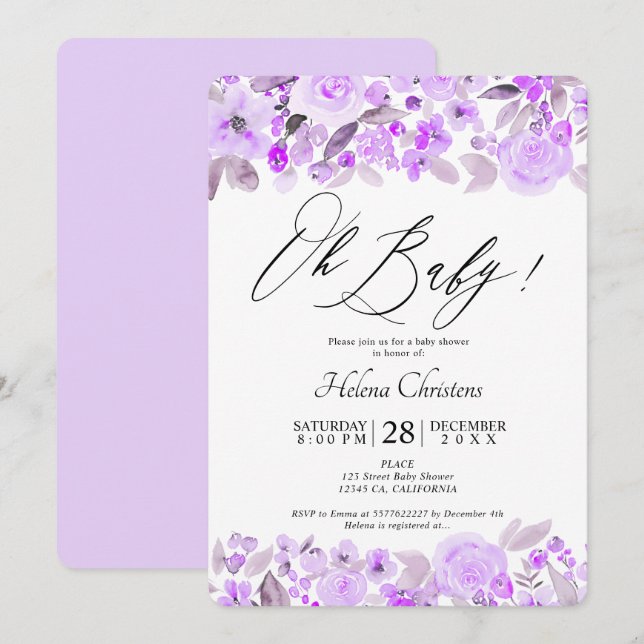 Invitation Baby shower d'aquarelle florale de lavande (Devant / Derrière)