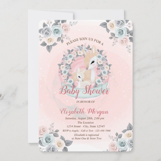 Invitation Baby shower d'aquarelle florale des Cerfs-Bébés (Devant)