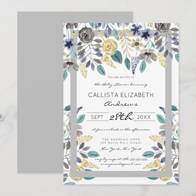 Invitation Baby shower d'aquarelle florale gris moderne (Devant / Derrière)