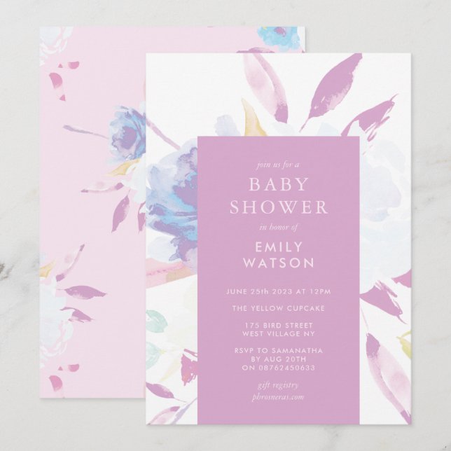 Invitation Baby shower d'aquarelle florale moderne violet (Devant / Derrière)