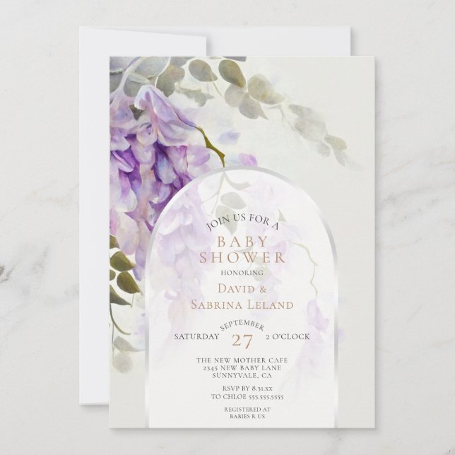 Invitation Baby shower d'aquarelle florale moderne Wisteria (Devant)