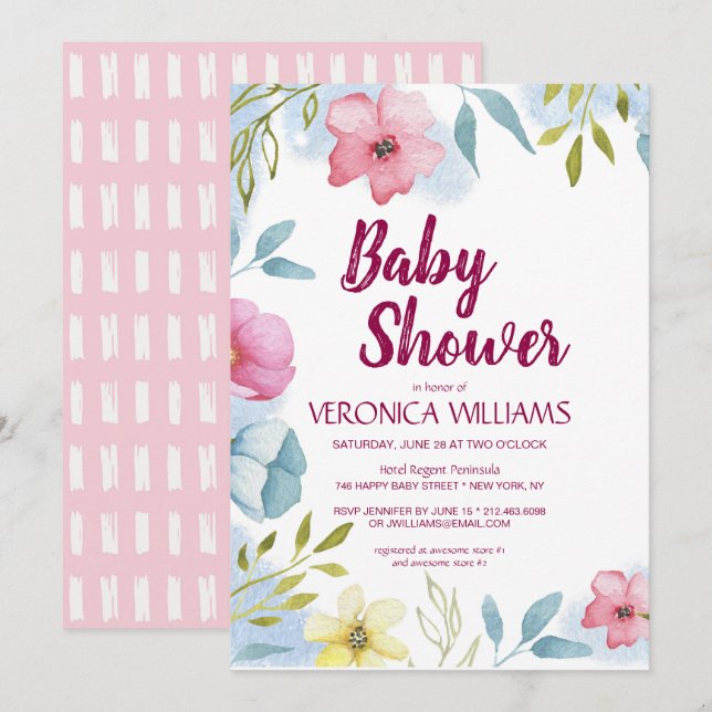 Invitation Baby shower d'aquarelle florale pour filles (Devant / Derrière)