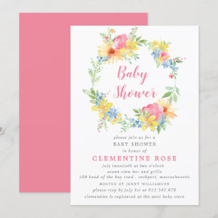 Invitation Baby shower d'aquarelle florale rose été brillant