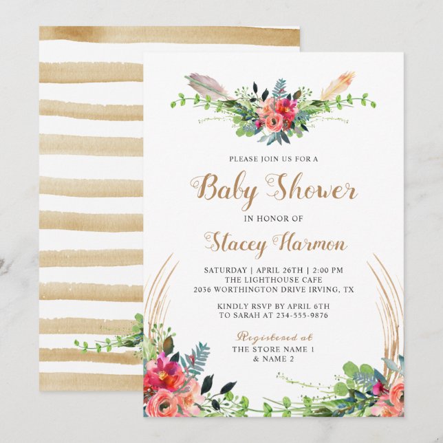 Invitation Baby shower d'aquarelle florale rustique de Bohême (Devant / Derrière)
