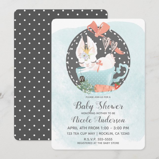Invitation Baby shower d'aquarelle lapin de la tasse de thé (Devant / Derrière)
