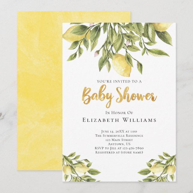 Invitation Baby shower d'aquarelle Lemons Greenery (Devant / Derrière)