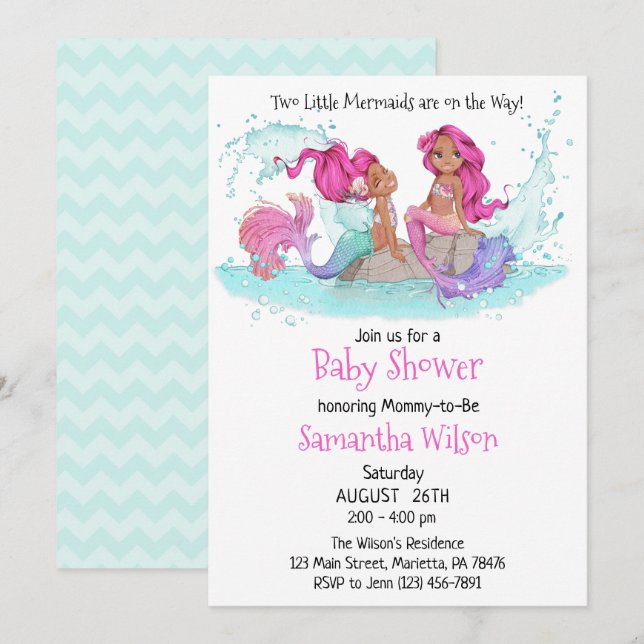 Invitation Baby shower d'aquarelle Little Brown Twin Mermaids (Devant / Derrière)