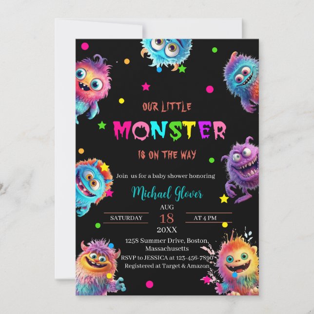 Invitation Baby shower d'aquarelle moderne Little Monsters (Devant)