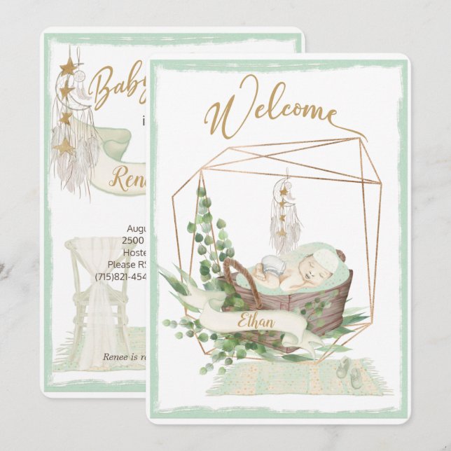 Invitation Baby shower d'aquarelle neutre pour le genre Boho (Devant / Derrière)